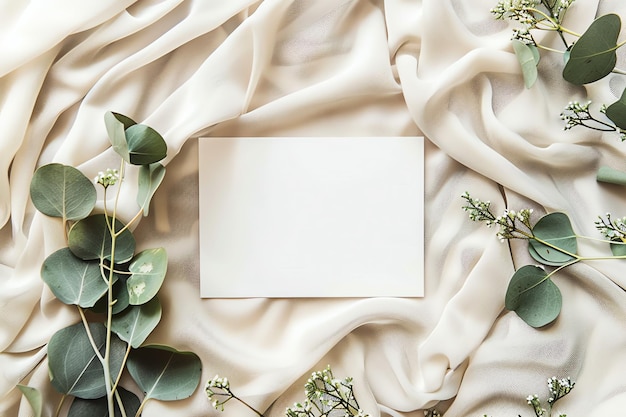 A blank card mockup on a bed of fresh eucalyptus leaves for a refreshing and aromatic event style