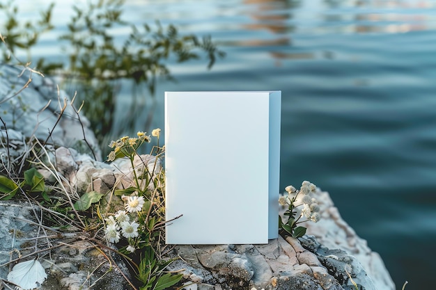 A blank card mockup in a serene lakeside setting with a view of the calm waters Romantic minimal