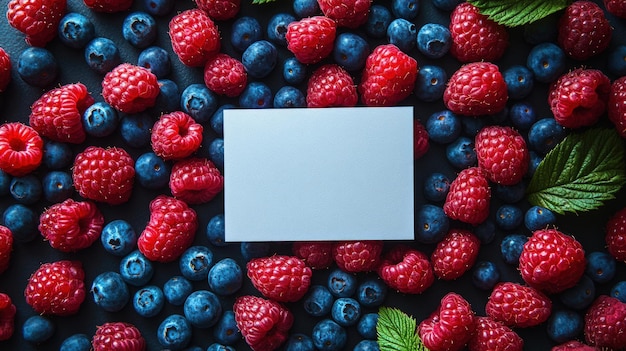 Blank card mockup surrounded by raspberries and blueberries