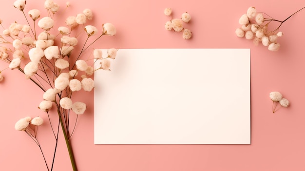 Photo blank card mockup with fluffy cotton flowers on pink background ai generated