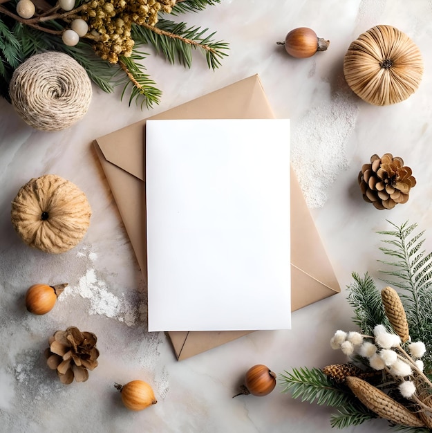 Photo blank card mockup with natural elements like pine cones twigs and twine