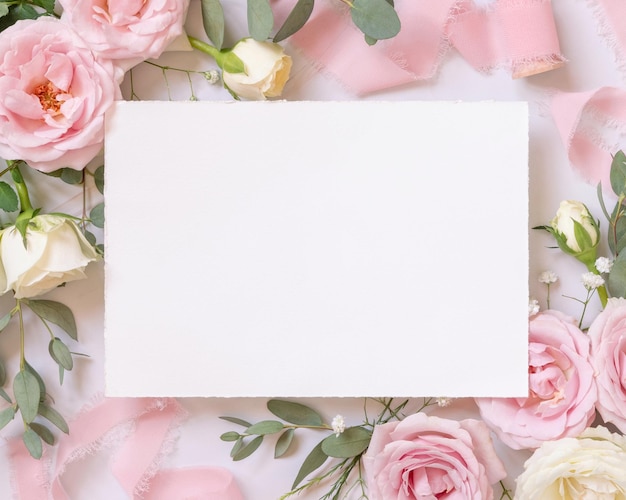 Blank card between pink roses and pink silk ribbons on marble top view wedding mockup