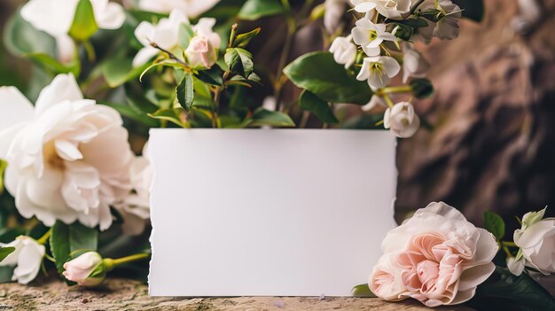 A blank card surrounded by an elegant arrangement of roses and white flowers