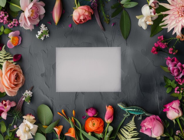 Photo blank card surrounded by flowers and a chameleon