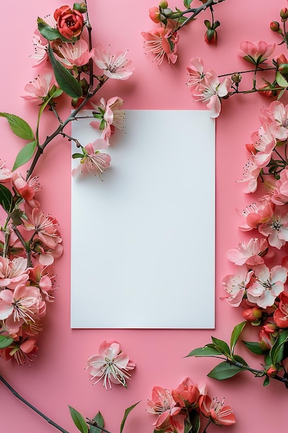 Blank card surrounded by pink cherry blossoms on pink background