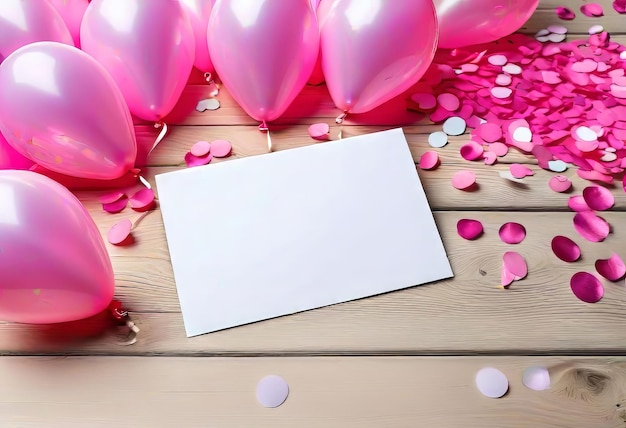 Blank card with balloons on wooden background with confetti print and background for greeting card