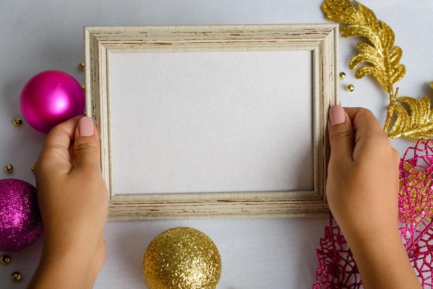 Blank card with Christmas decorations. Christmas card mockup.