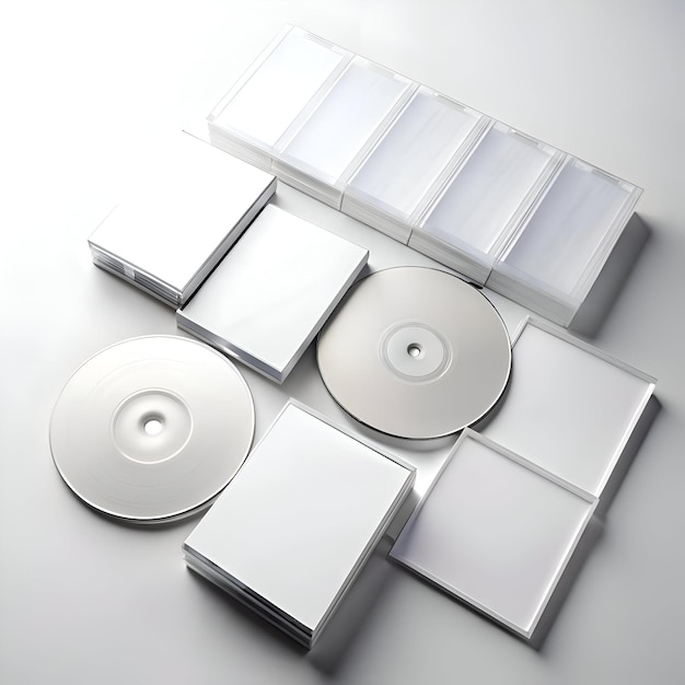 Photo blank cd cases dvd cases and a blank cd mockup on a white background