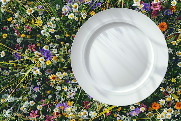 Blank ceramic dinner plate mock up on a hanger meadow flowers for celebration concept for your or