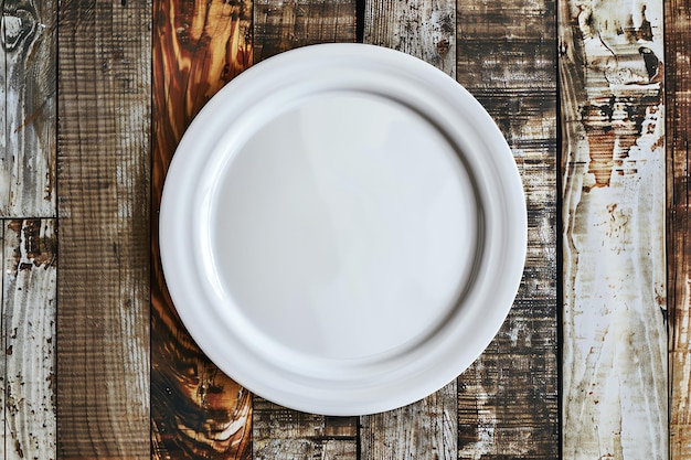 Blank ceramic dinner plate mock up on a hanger Rustic Wooden Table for celebration concept for or