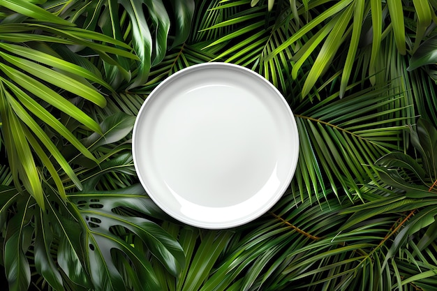 Blank ceramic dinner plate mock up on a hanger Tropical Palm Leaves for celebration concept for