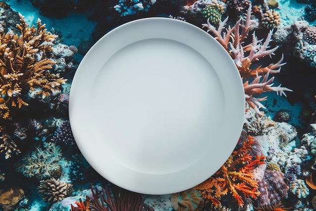 Blank ceramic dinner plate mock up on a hanger Underwater Coral Reef for celebration concept for