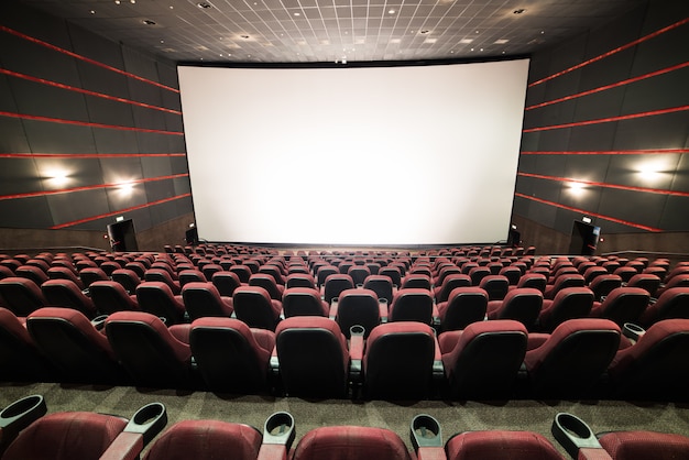 Blank chairs in a movie theater with a blank screen