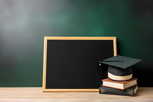 Blank chalkboard with a books and and graduation cap symbolizing start of a new learning adventure