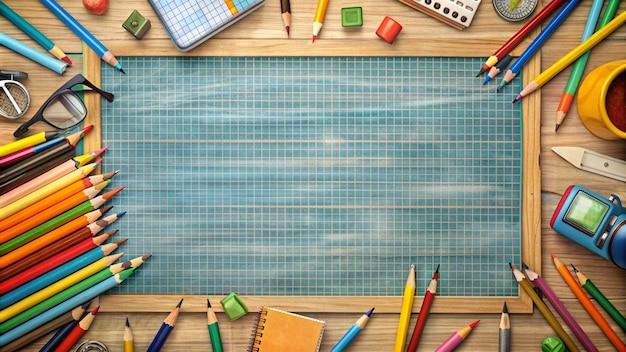 Blank Chalkboard with School Supplies