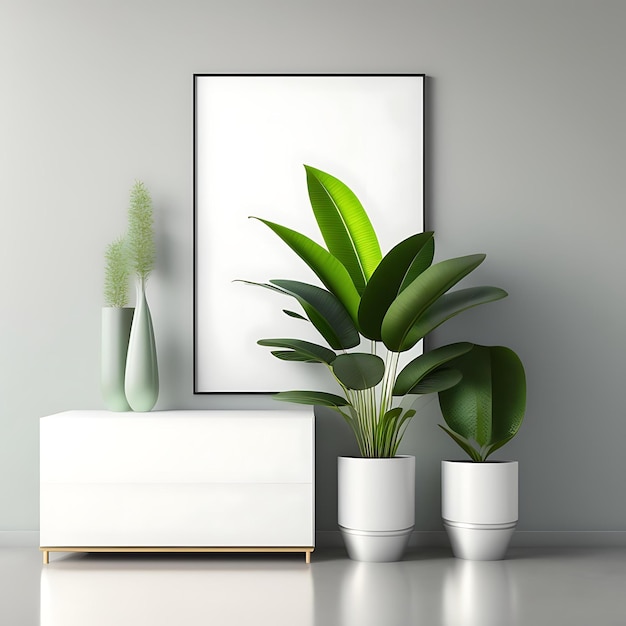 Blank clean white wall green tropical banana tree in concrete pot on gray granite floor baseboard