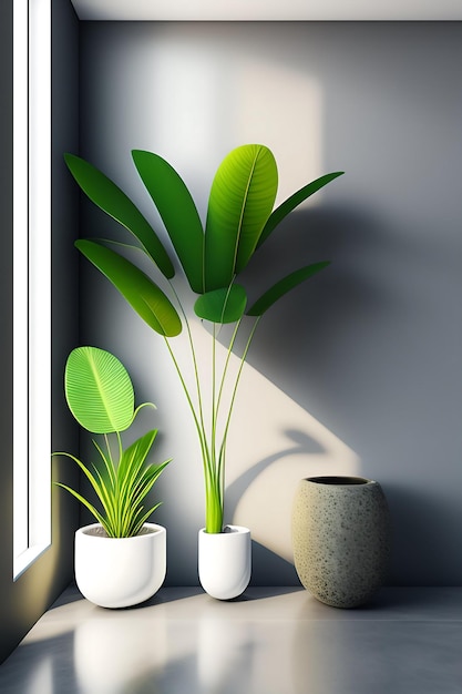 Blank clean white wall green tropical banana tree in concrete pot on gray granite floor baseboard