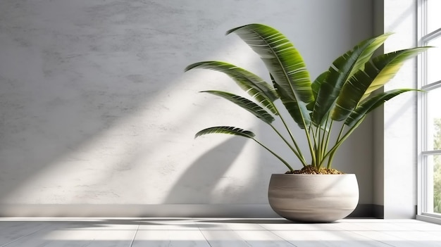 Blank clean white wall green tropical banana tree in pot on gray granite floor Generative AI