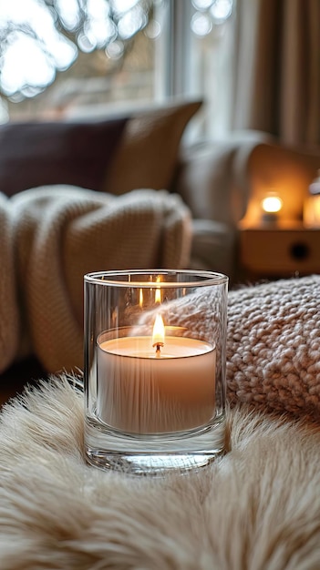 Blank clear straight candle glass amidst a setting with a plush pillow a scented diffuser and delicate string lights modern warm bedroom mockup serene and stylish