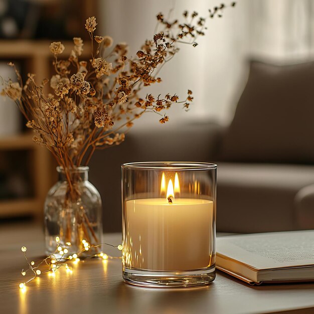 Blank clear straight candle glass on a coffee table with a small vase of dried flowers a book and delicate fairy lights modern warm living room mockup serene and chic