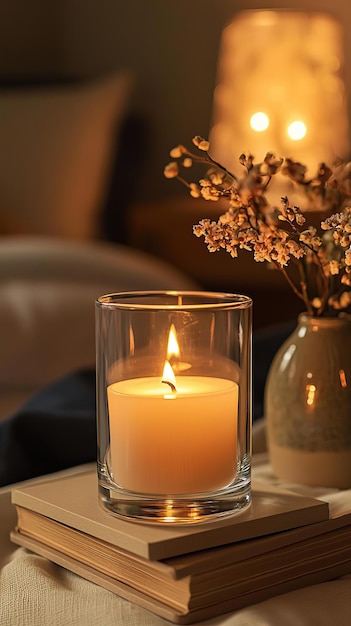 Blank clear straight candle glass surrounded by a stack of books a small vase with flowers and warm