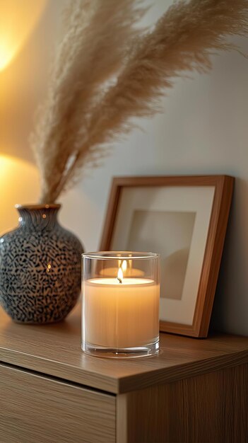 Blank clear straight candle glass on a wooden bedside table with a ceramic lamp a few favorite novels and soft lighting modern warm bedroom mockup warm and sophisticated