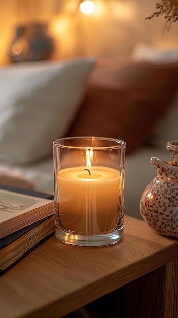 Blank clear straight candle glass on a wooden bedside table with a ceramic lamp a few favorite novels and soft lighting modern warm bedroom mockup warm and sophisticated