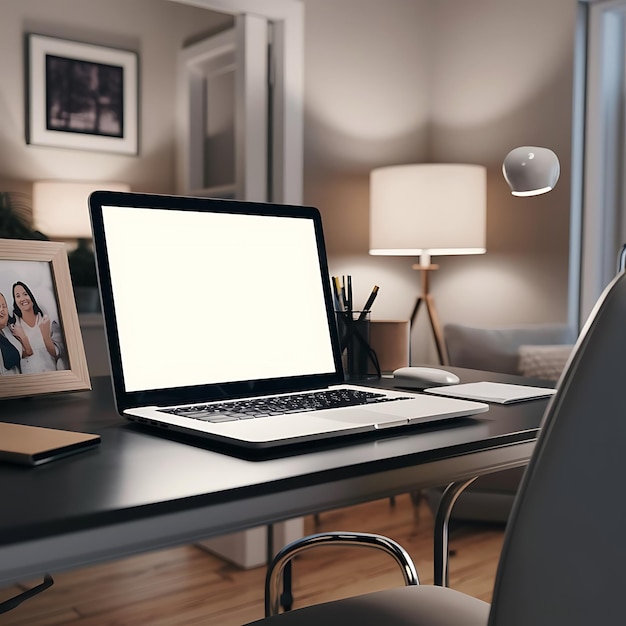 Blank computer laptop screen and on desktop workspace with a picture frame with interior office room