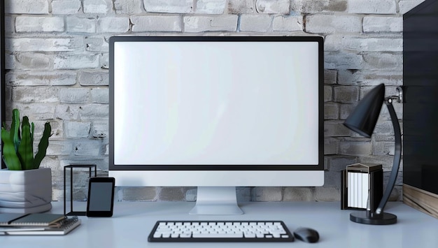 Photo blank computer screen mockup on industrial desk for web view branding and design presentation