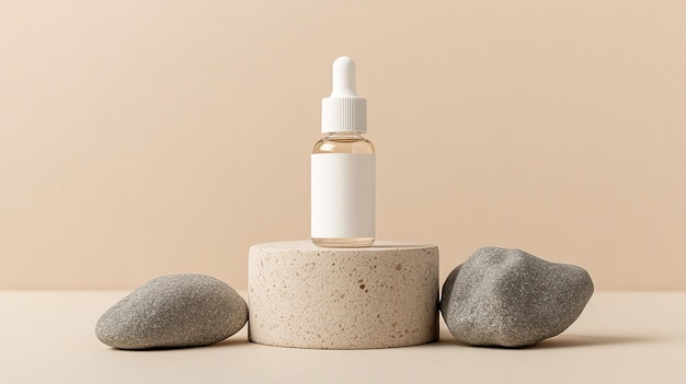 Photo blank cosmetic syrum dropper bottle mockup isolated on a minimal podium