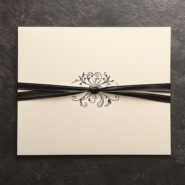 Photo blank cream card with black ribbon and ornate design