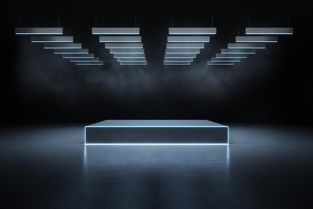 Blank dark illuminated podium in futuristic design empty area hall with metallic lights on top and scattered light with foggy effect for company product or car presentation 3D rendering mock up