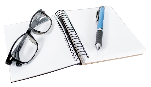 Blank diary pen and glasses on white or transparent background