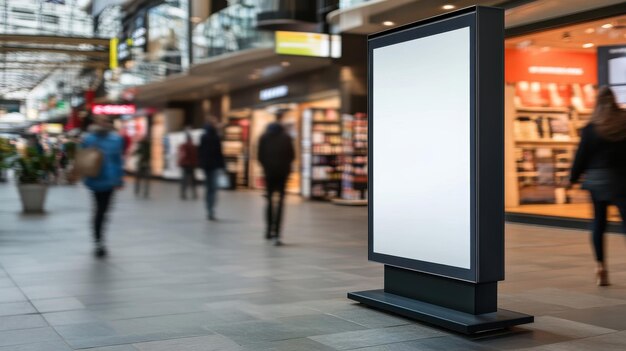 A blank digital signage display in a bustling shopping mall