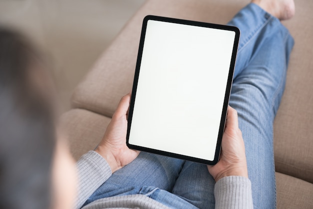 Blank digital tablet in the hand of Asian women, Tablet computer white screen