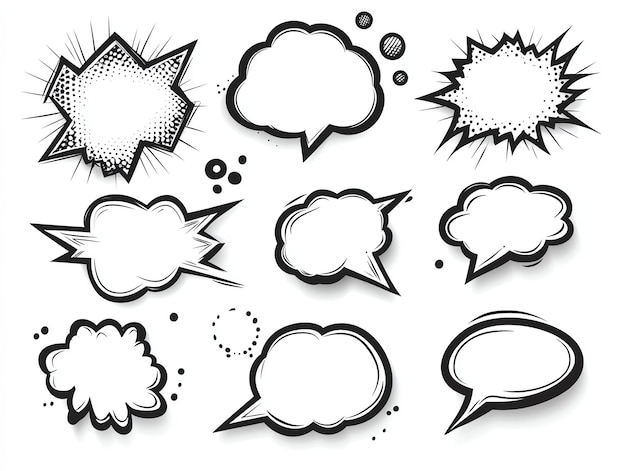 Photo blank empty comic speech bubbles with halftone shadow illustration