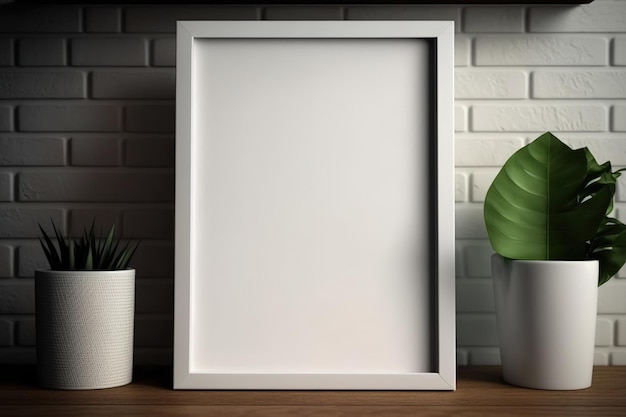 Blank empty white poster frame at wooden shelf