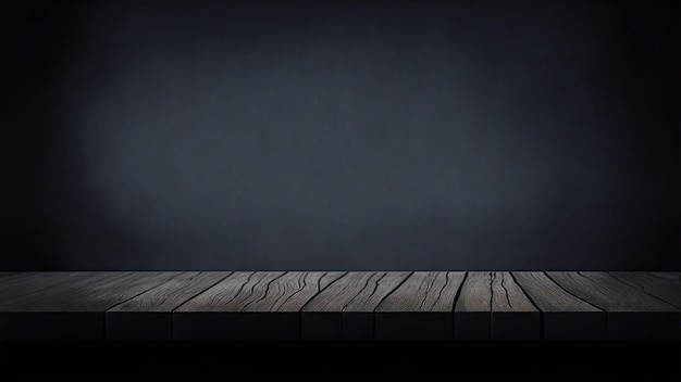 A blank empty wooden table top for product placement with dark background