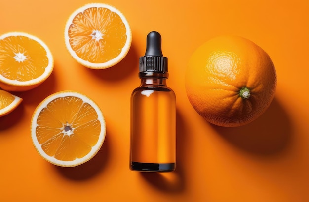 blank essence oil bottle on orange background with fruits aromatherapy product flatlay composition