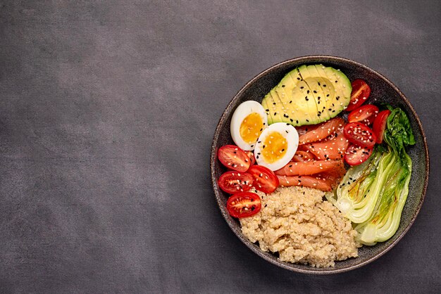 Blank food photography of buddha bowl with salmon