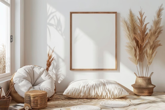 Blank frame mock up in cozy nursery interior background Scandinavian style