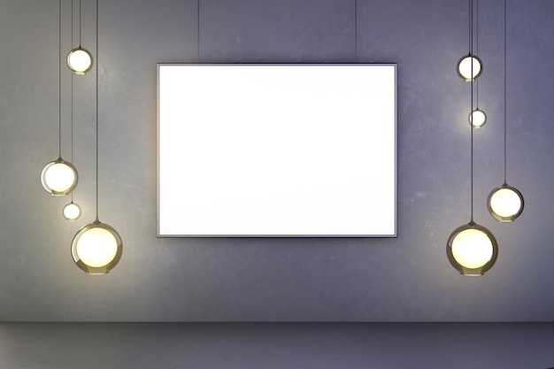 Blank frame of a picture with lightbulbs on a concrete wall mock up