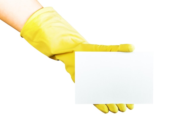 Blank gift card mockup for cleaning service ad Hand in yellow gloves holding empty certificate mockup isolated on white background