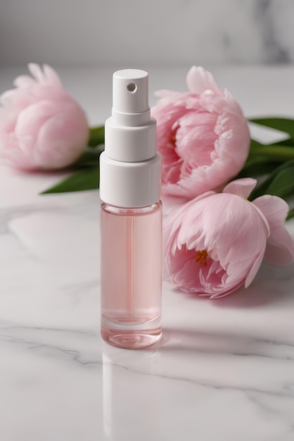 Blank glass spray rose bottle on marble background Natural organic cosmetics alternative medicine sustainable lifestyle concept Decor with peony flowers in minimalist style AI Generated