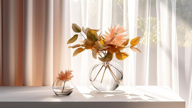 Blank glossy white counter table tree leaf bouquet Generative AI