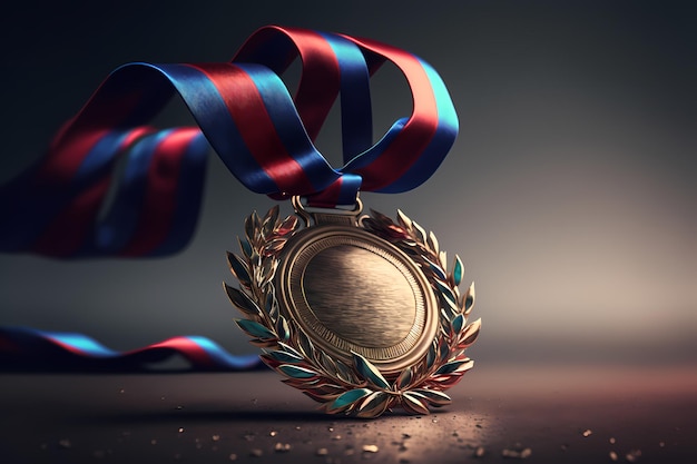 A blank gold medal hanging from a ribbon representing the idea of reward and accomplishment