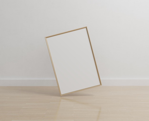 A blank gold metal frame on the wooden floor, a3, a4, 3d rendering, 3d illustration