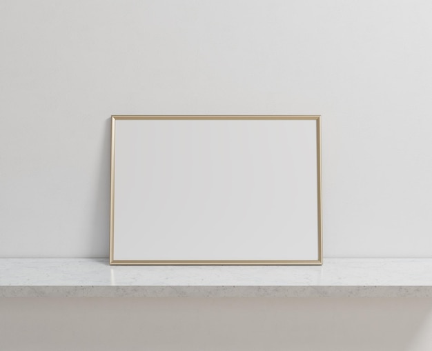 A blank gold metal frame on the wooden floor, a3, a4, 3d rendering, 3d illustration