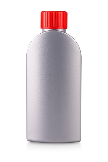 Blank gray plastic bottle with red cap isolated on white background clipping path