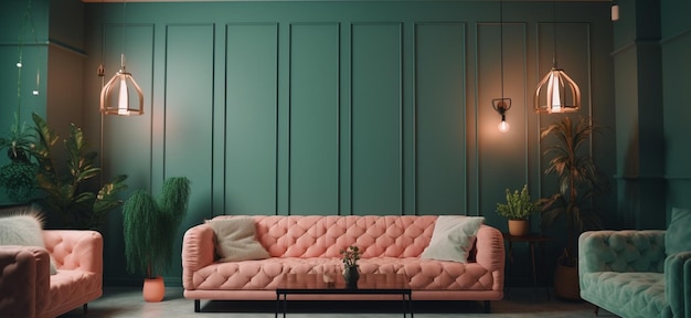 Blank green wall in a trendy pastel colored room with plush sofas a plant and lampsGenerative AI